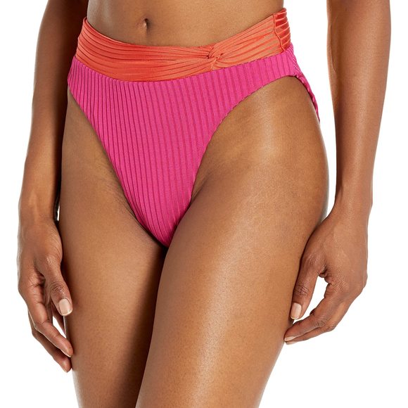 Trina Turk Olympia Ribbed High Waist Bikini Bottom Cheeky Coverage Pink 2 - Picture 1 of 3
